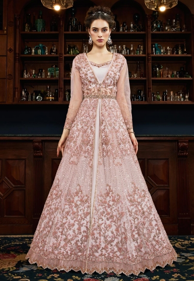 Pink satin embroidered indo western lehenga choli  4532